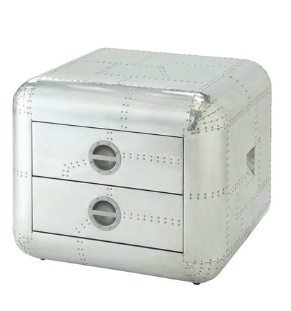 22" Silver Aluminum Aviator Trunk-Style Square End Table w/ Two Drawers – Modern Luxury Collection