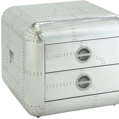 22" Silver Aluminum Aviator Trunk-Style Square End Table w/ Two Drawers – Modern Luxury Collection