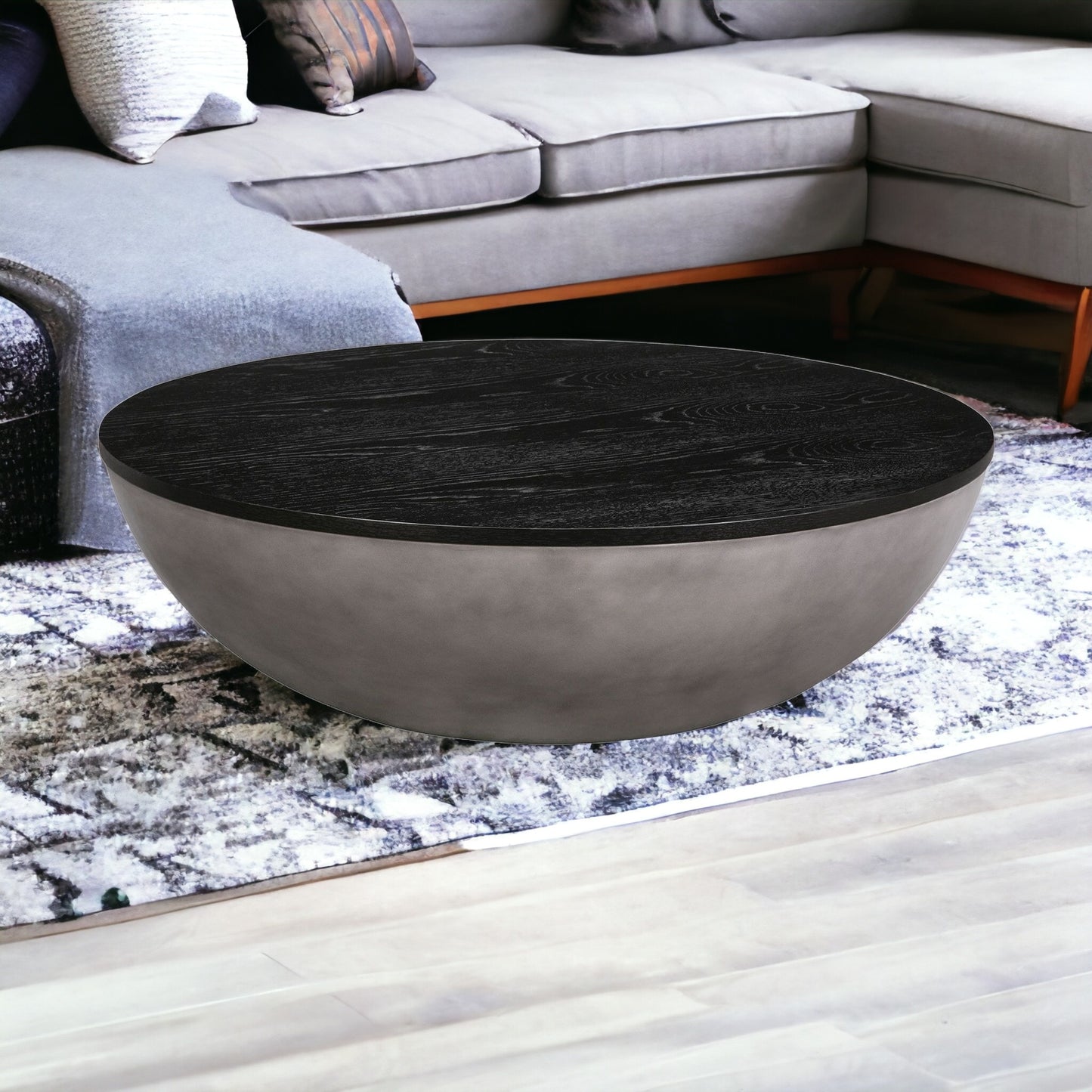 48" Black & Gray Solid Wood & Concrete Round Coffee Table – Industrial Luxury Collection