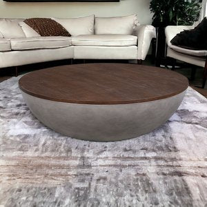 48" Brown & Gray Solid Wood & Concrete Round Coffee Table – Industrial Luxury Collection