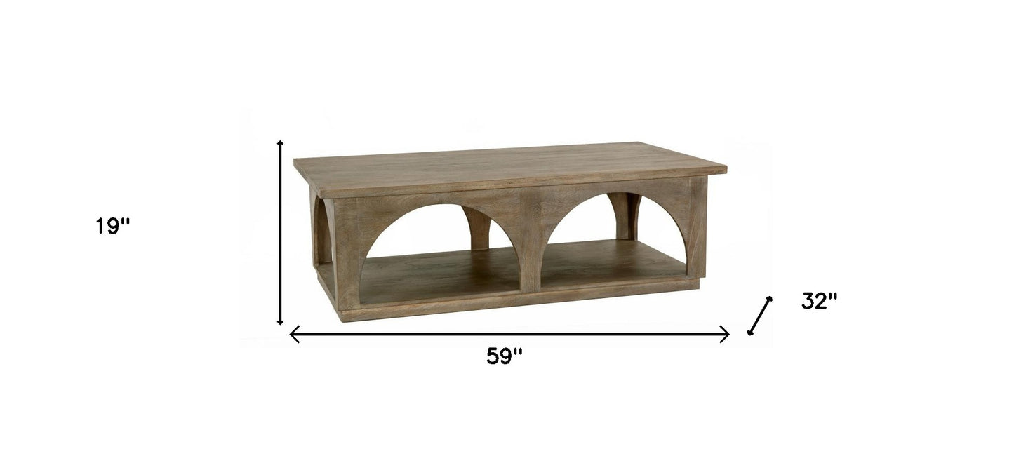 59" Brown Solid Wood Distressed Floor-Shelf Coffee Table – Luxury Wood Collection