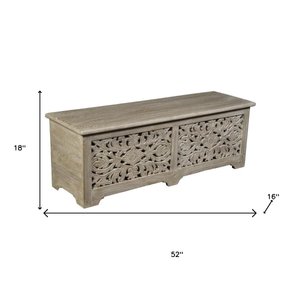 52" Gray Distressed Solid Wood Carved Floral Storage Ottoman – Luxe Accent Collection