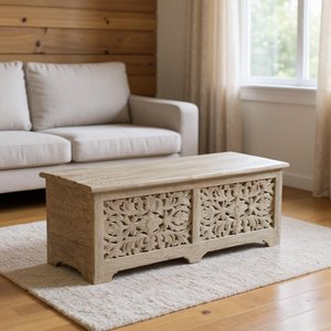 52" Gray Distressed Solid Wood Carved Floral Storage Ottoman – Luxe Accent Collection