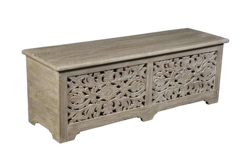 52" Gray Distressed Solid Wood Carved Floral Storage Ottoman – Luxe Accent Collection