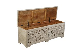 52" Gray Distressed Solid Wood Carved Floral Storage Ottoman – Luxe Accent Collection