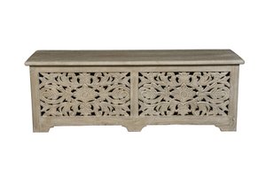 52" Gray Distressed Solid Wood Carved Floral Storage Ottoman – Luxe Accent Collection