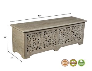 52" Gray Distressed Solid Wood Carved Floral Storage Ottoman – Luxe Accent Collection