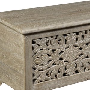 52" Gray Distressed Solid Wood Carved Floral Storage Ottoman – Luxe Accent Collection