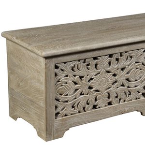 52" Gray Distressed Solid Wood Carved Floral Storage Ottoman – Luxe Accent Collection