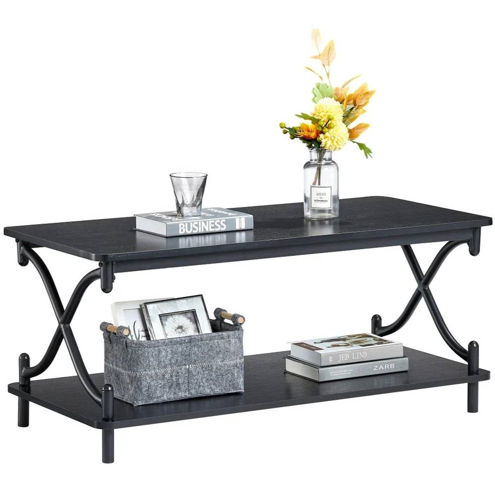 Modern Industrial Coffee Table with Bottom Storage Shelves – Brown Wood & Black Metal