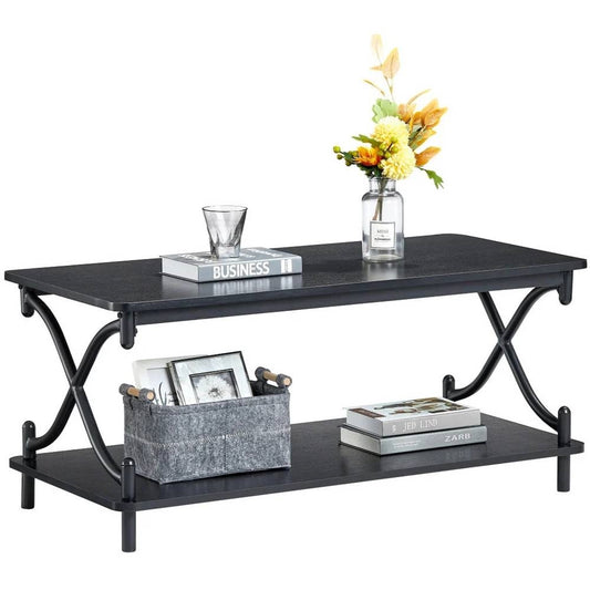 Modern Industrial Coffee Table with Bottom Storage Shelves – Brown Wood & Black Metal