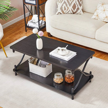 Modern Industrial Coffee Table with Bottom Storage Shelves – Brown Wood & Black Metal