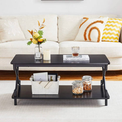 Modern Industrial Coffee Table with Bottom Storage Shelves – Brown Wood & Black Metal