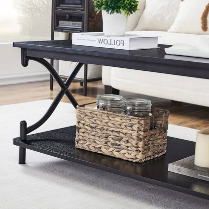 Modern Industrial Coffee Table with Bottom Storage Shelves – Brown Wood & Black Metal