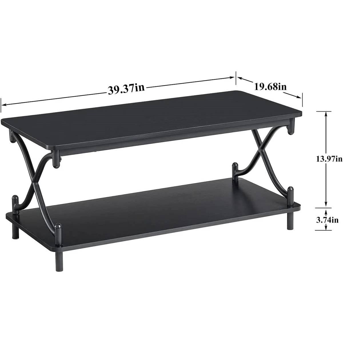 Modern Industrial Coffee Table with Bottom Storage Shelves – Brown Wood & Black Metal