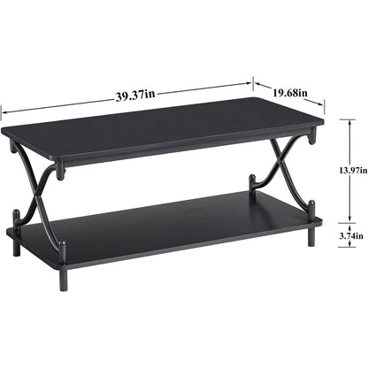 Modern Industrial Coffee Table with Bottom Storage Shelves – Brown Wood & Black Metal