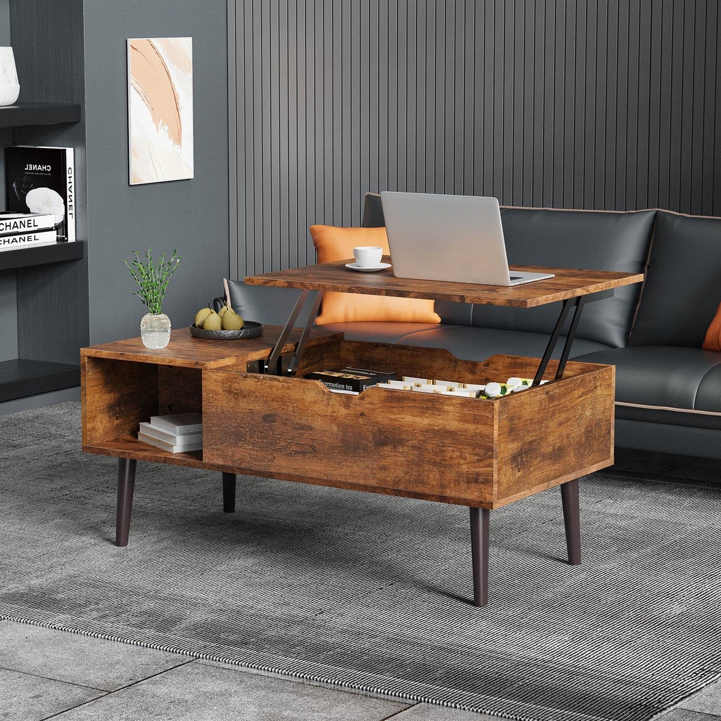 Modern Lift-Top Coffee Table – Brown Wood