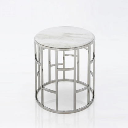 Silver & White Marble Round Geometric End Table – Modern Luxe Collection